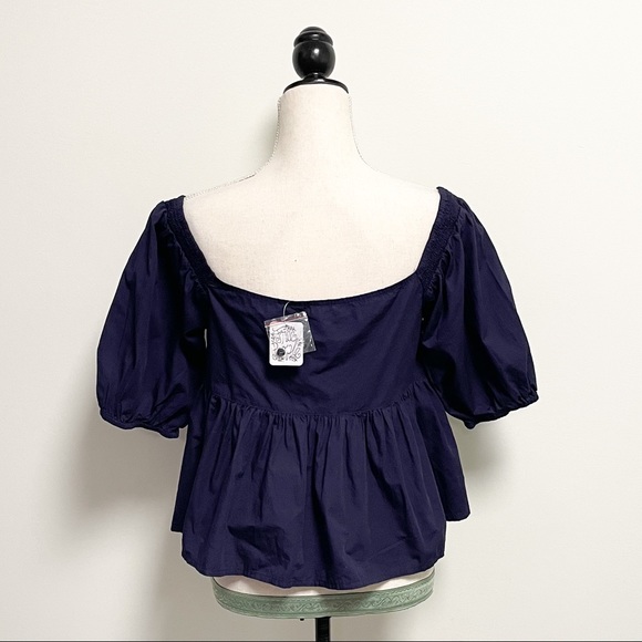 Free People Navy Veronica V Neck Buttons Top 1/2 Puff Sleeves NWT Small Peplum - Picture 7 of 10